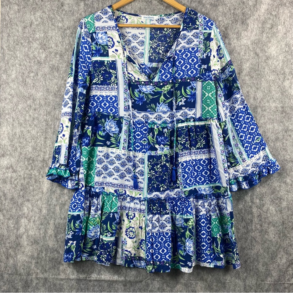 Blue Island Womens Multicolor‎ Patchwork Bell Sleeve 100% RayonTunic Blouse Sz S